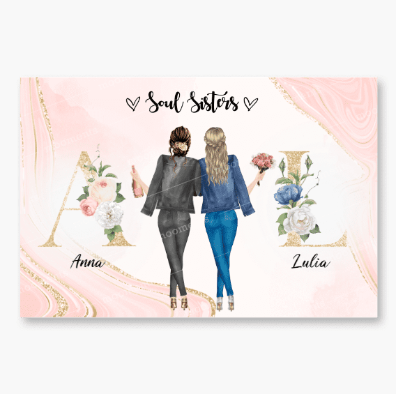 2 Freundinnen mit geblümten Buchstaben - individuelles Geschenk - Poster