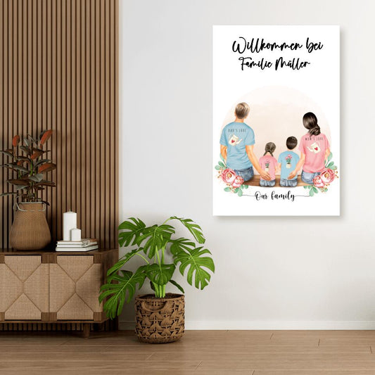 Vater und Mutter mit zwei Kindern - Personalisiertes Geschenk - Leinwand