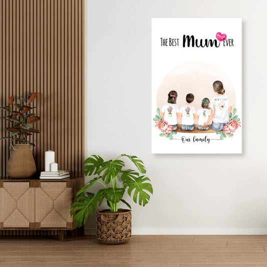 Mutter mit drei Kindern - Personalisiertes Geschenk - Leinwand