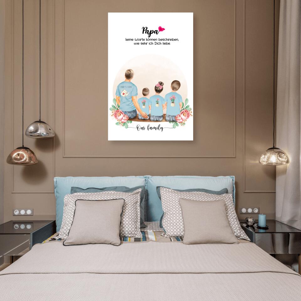Vater mit drei Kindern - Personalisiertes Geschenk - Leinwand