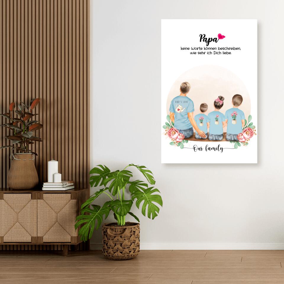 Vater mit drei Kindern - Personalisiertes Geschenk - Leinwand