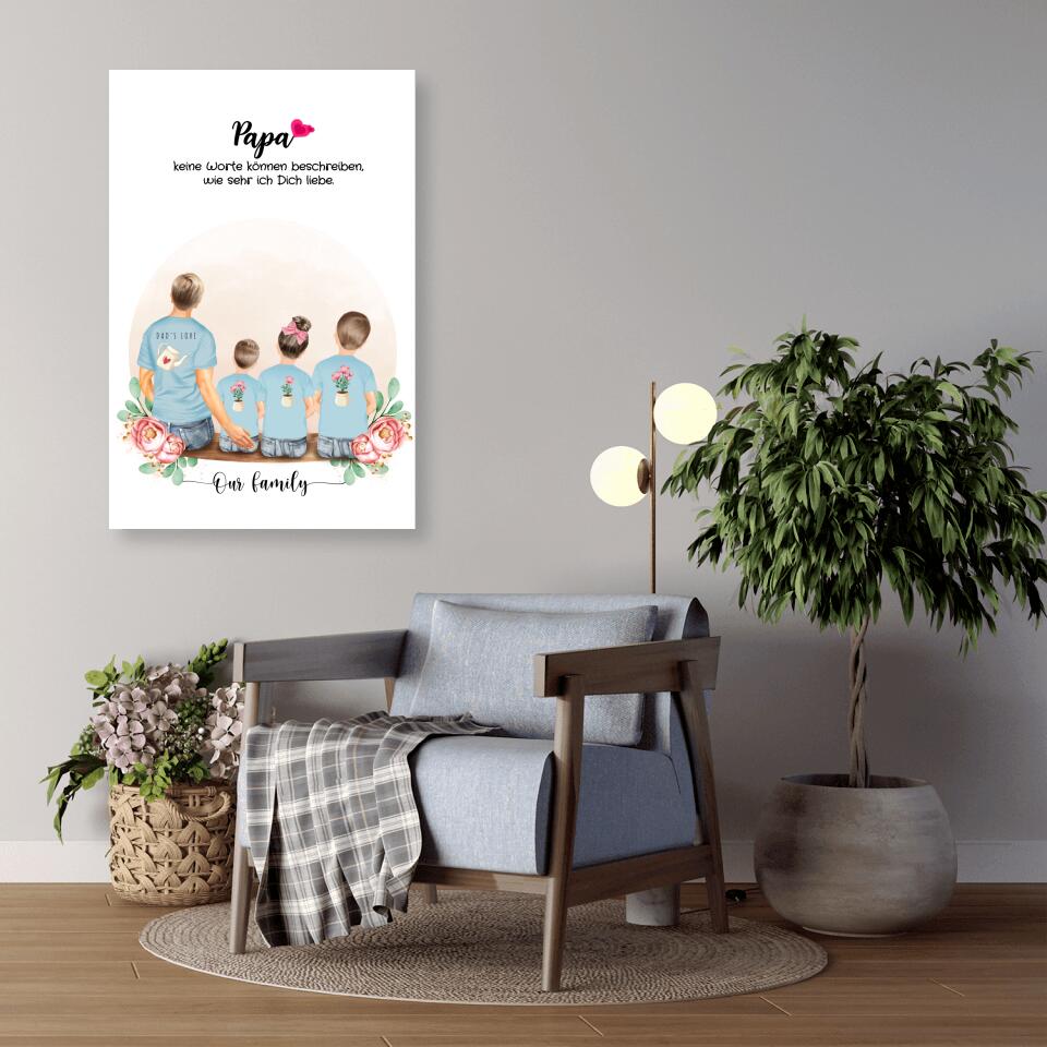 Vater mit drei Kindern - Personalisiertes Geschenk - Leinwand