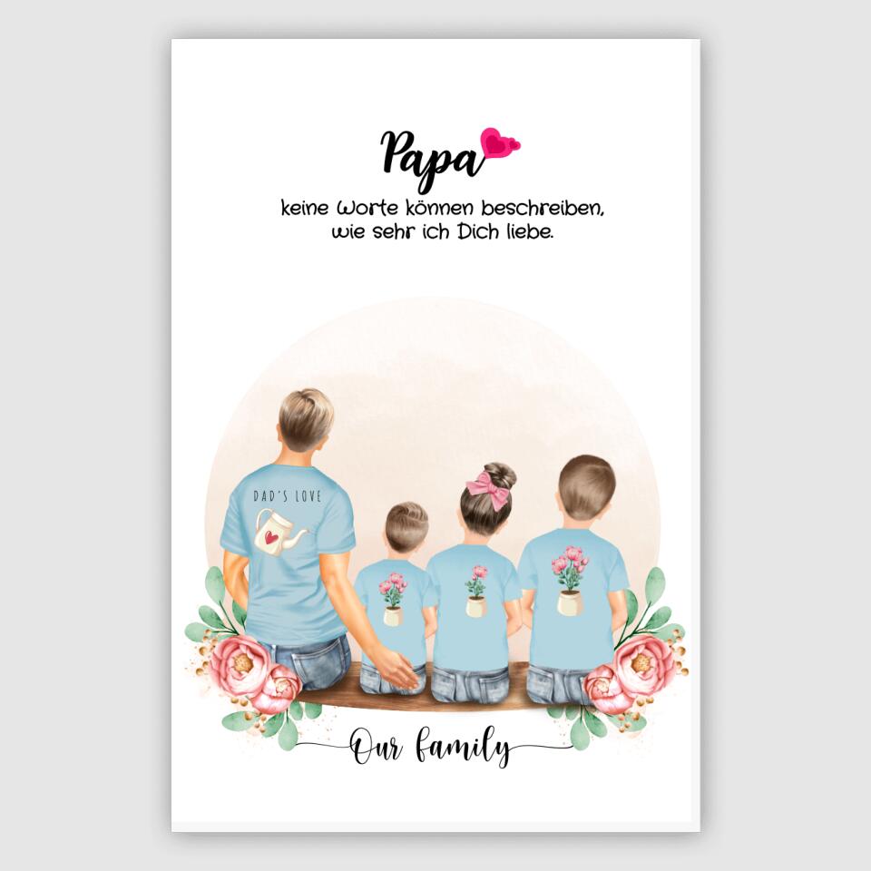 Vater mit drei Kindern - Personalisiertes Geschenk - Leinwand