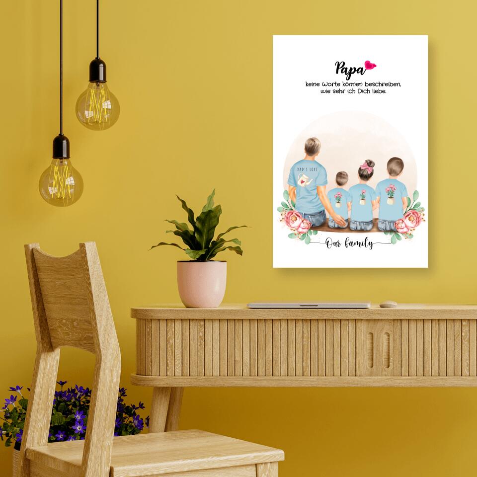 Vater mit drei Kindern - Personalisiertes Geschenk - Leinwand