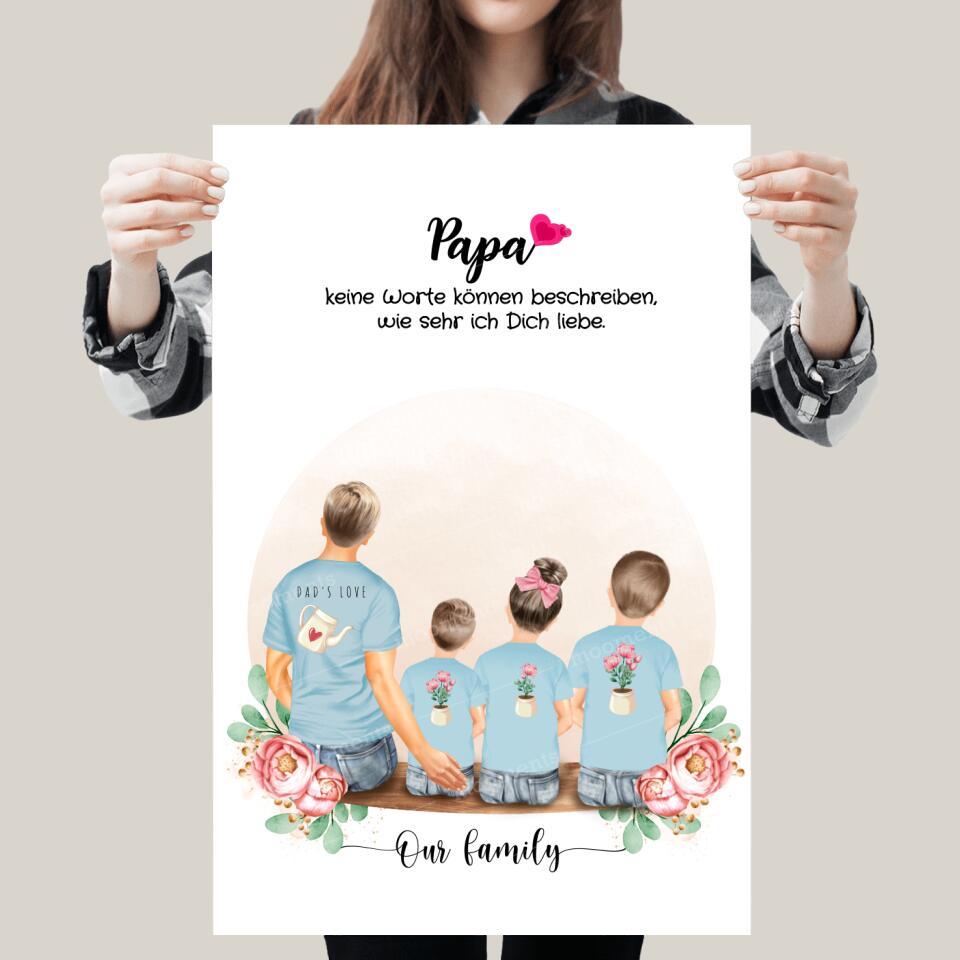 Vater mit drei Kindern - Personalisiertes Geschenk - Leinwand
