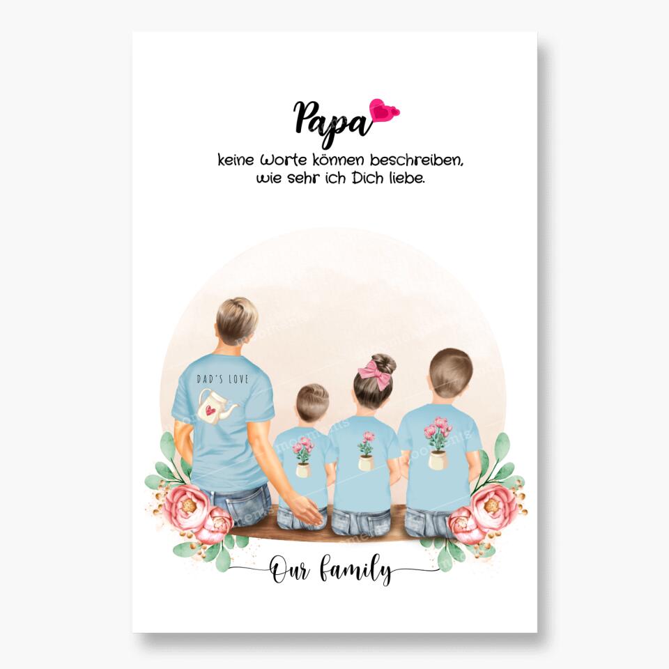 Vater mit drei Kindern - Personalisiertes Geschenk - Leinwand