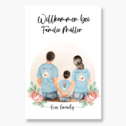 Vater und Mutter mit einem Jungen - Personalisiertes Geschenk - Alu-Dibond