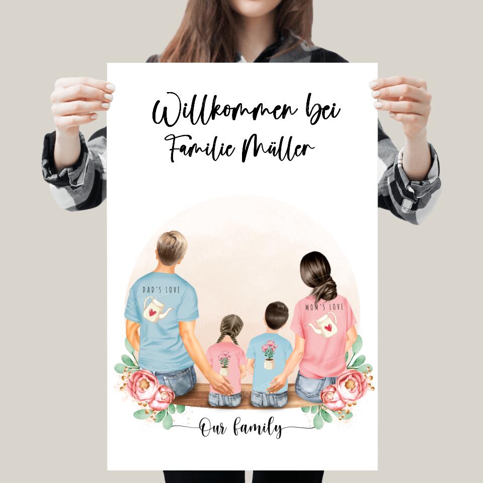 Vater und Mutter mit zwei Kindern - Personalisiertes Geschenk - Alu-Dibond
