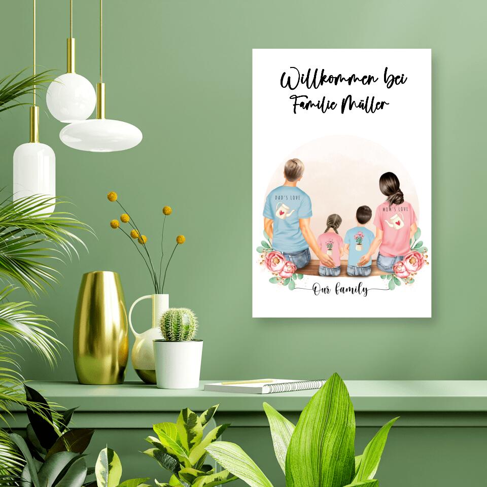 Vater und Mutter mit zwei Kindern - Personalisiertes Geschenk - Alu-Dibond