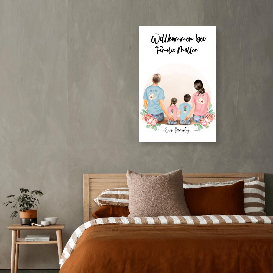 Vater und Mutter mit zwei Kindern - Personalisiertes Geschenk - Alu-Dibond