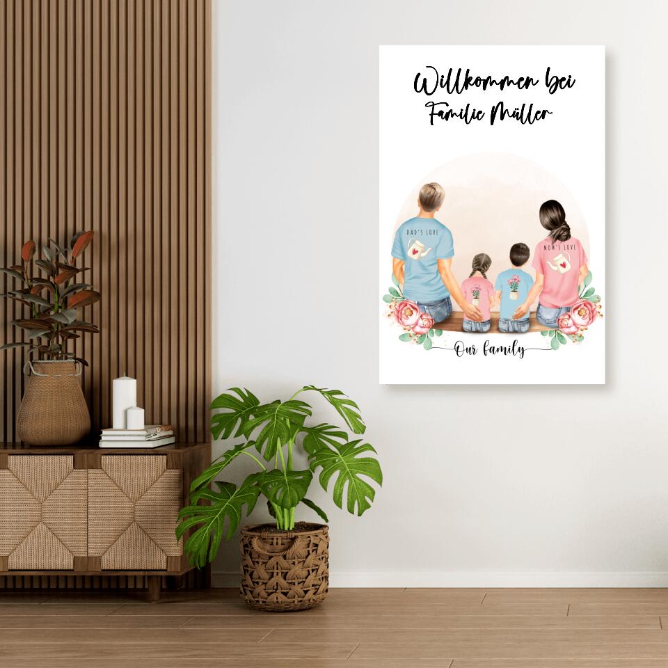 Vater und Mutter mit zwei Kindern - Personalisiertes Geschenk - Alu-Dibond