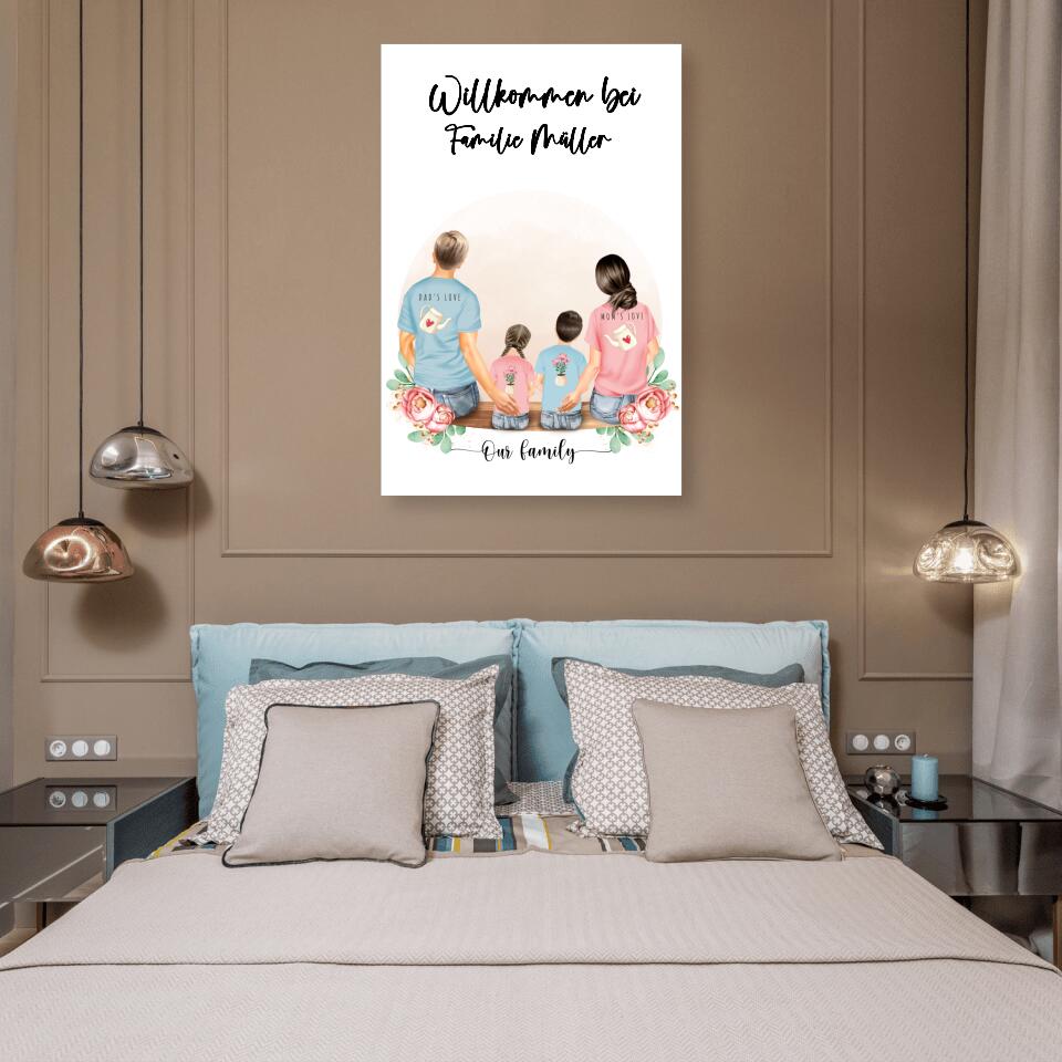 Vater und Mutter mit zwei Kindern - Personalisiertes Geschenk - Alu-Dibond