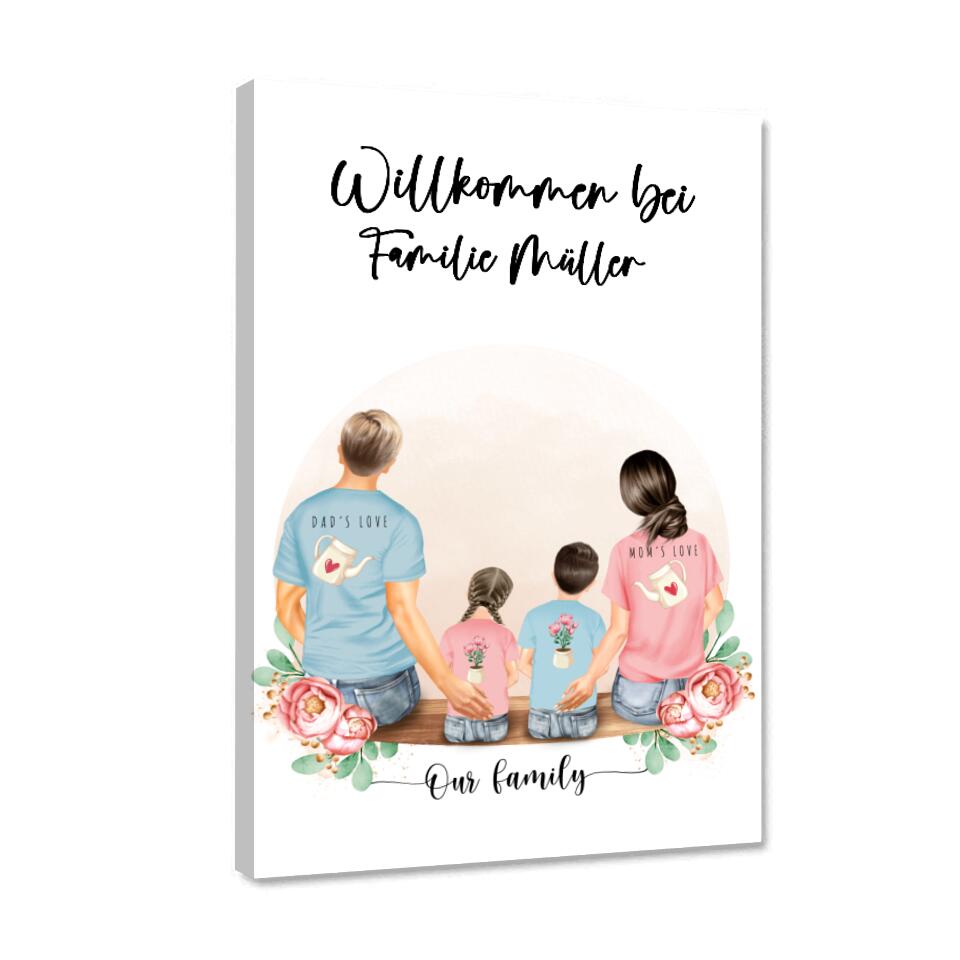 Vater und Mutter mit zwei Kindern - Personalisiertes Geschenk - Alu-Dibond