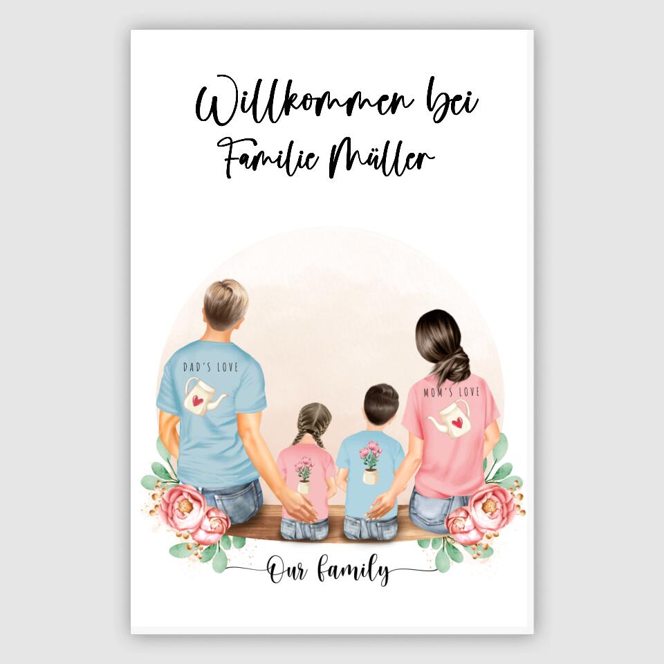 Vater und Mutter mit zwei Kindern - Personalisiertes Geschenk - Alu-Dibond