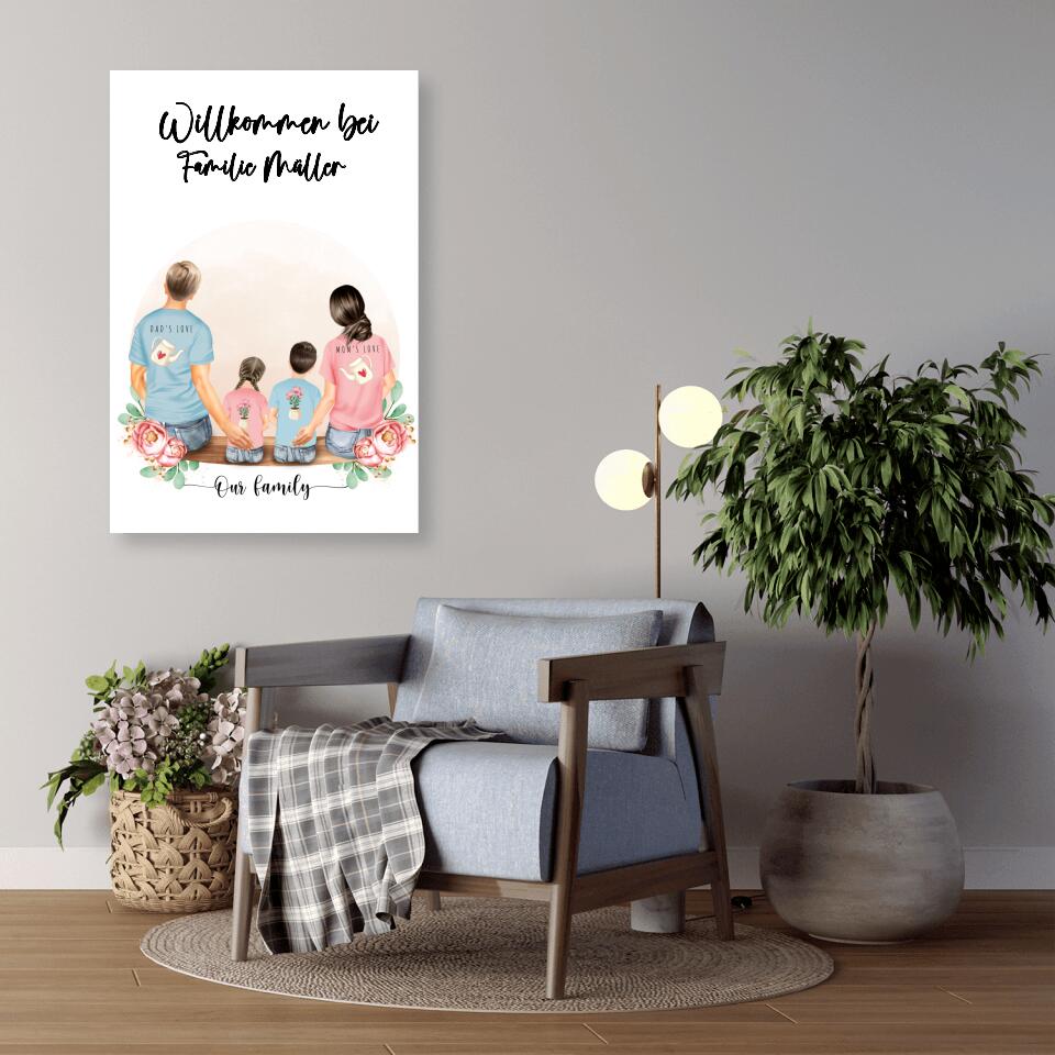 Vater und Mutter mit zwei Kindern - Personalisiertes Geschenk - Alu-Dibond