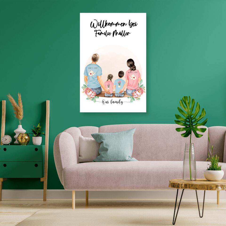 Vater und Mutter mit zwei Kindern - Personalisiertes Geschenk - Alu-Dibond
