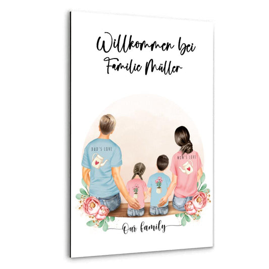 Vater und Mutter mit zwei Kindern - Personalisiertes Geschenk - Alu-Dibond