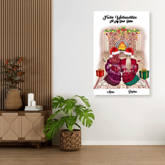 Zwei Freundinnen vor dem Kamin - Alu-Dibond