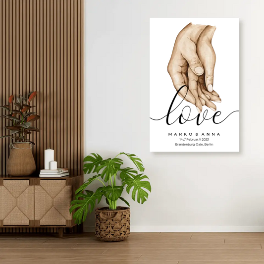 Personalisiertes Pärchen-Poster ,,Liebende Hände" - Leinwand