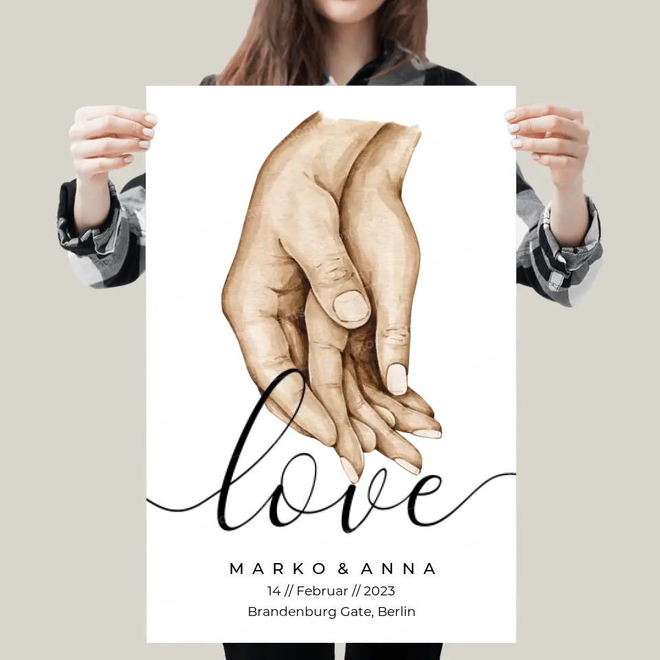 Personalisiertes Pärchen-Poster ,,Liebende Hände" - Alu-Dibond
