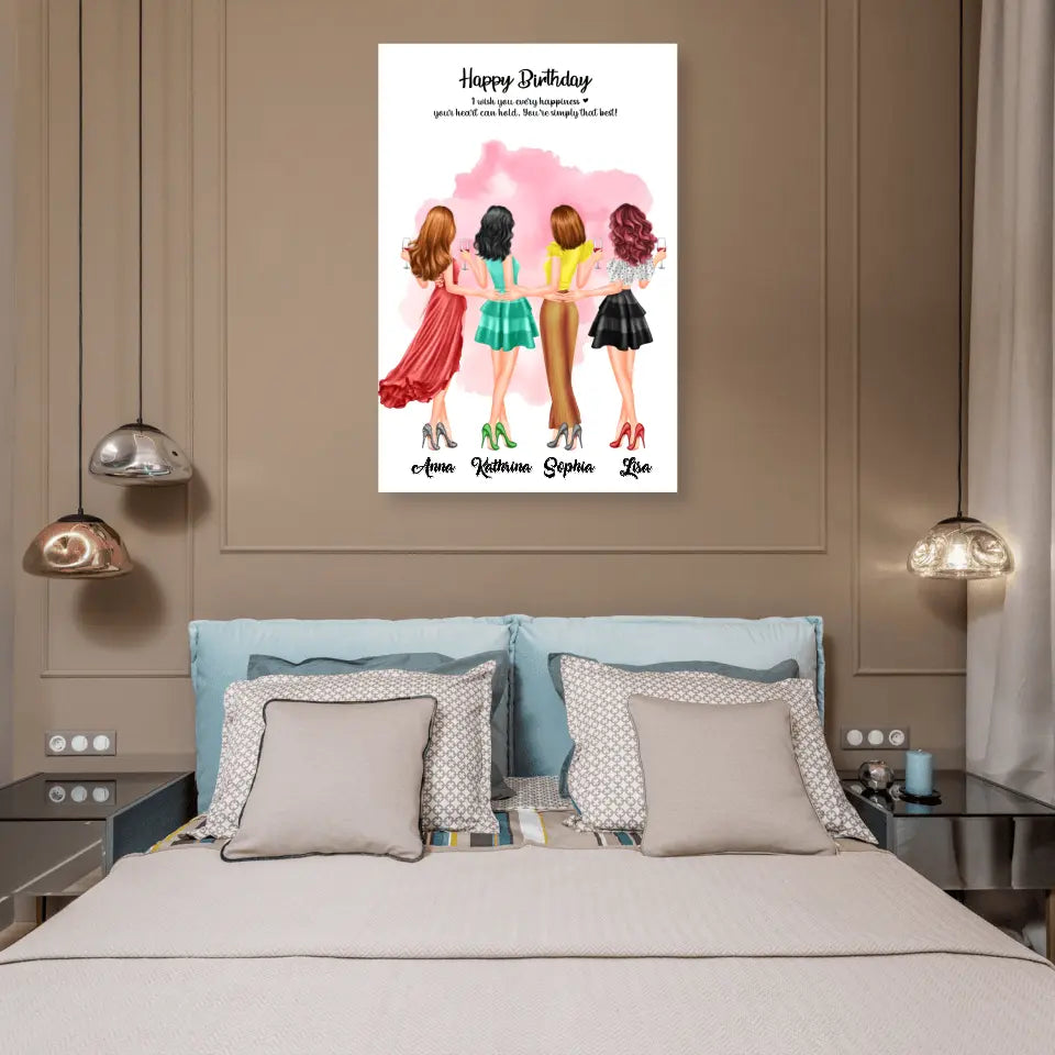 4 Freundinnen Bild Geschenk personalisiert - Leinwand