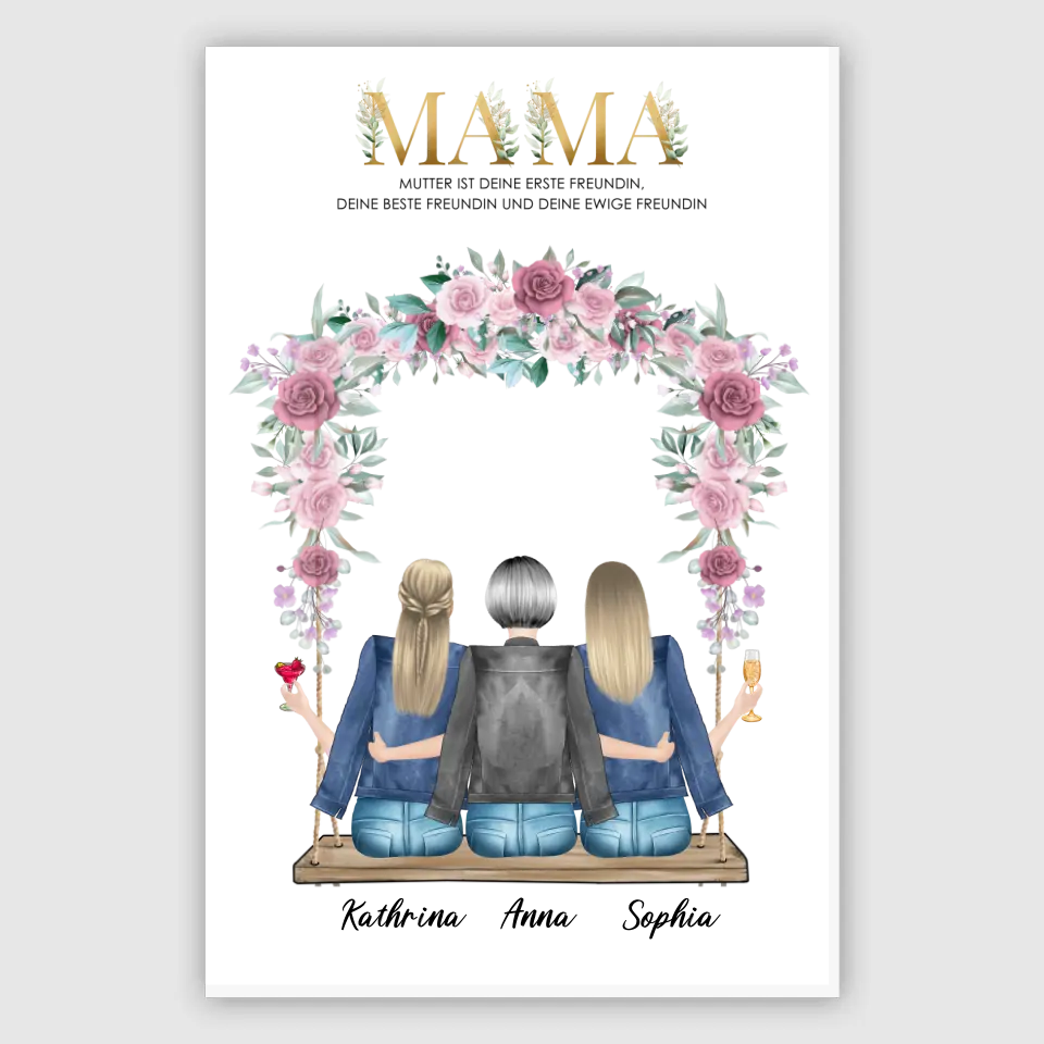 Mama und zwei Töchter sitzen auf der Schaukel - Poster