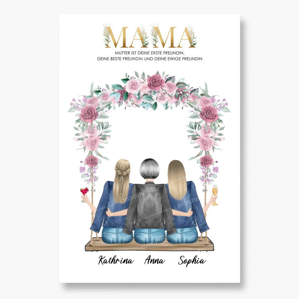 Mama und zwei Töchter sitzen auf der Schaukel - Leinwand