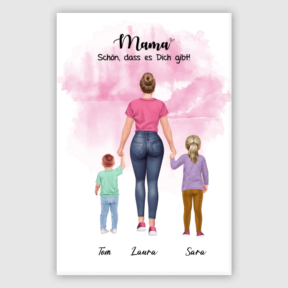 Mutter mit zwei Kindern - personalisiertes Geschenk - Leinwand
