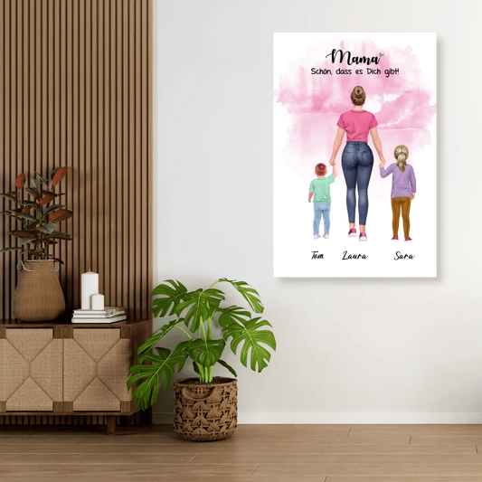 Mutter mit zwei Kindern - personalisiertes Geschenk - Leinwand