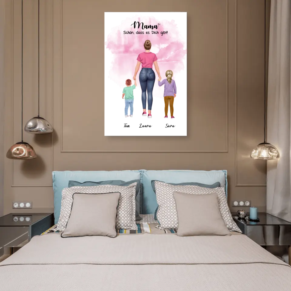 Mutter mit zwei Kindern - personalisiertes Geschenk - Leinwand