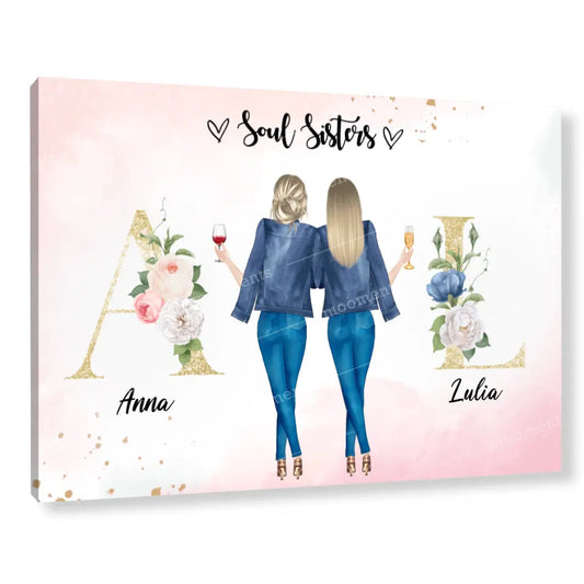 2 Freundinnen mit geblümten Buchstaben - individuelles Geschenk - Leinwand