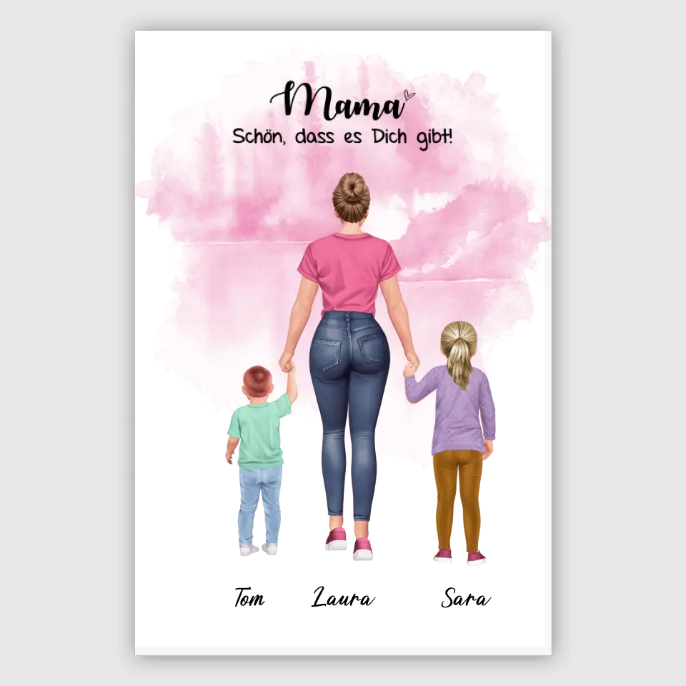 Mutter mit zwei Kindern - personalisiertes Geschenk - Leinwand