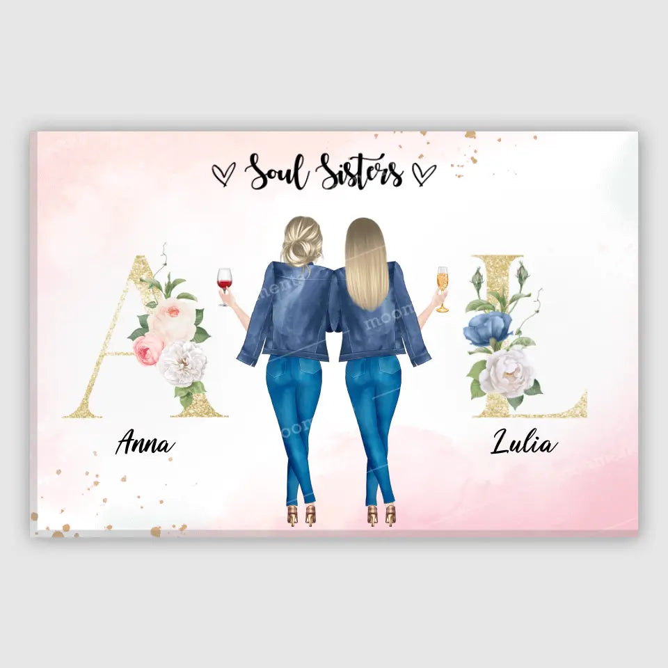 2 Freundinnen mit geblümten Buchstaben - individuelles Geschenk - Leinwand