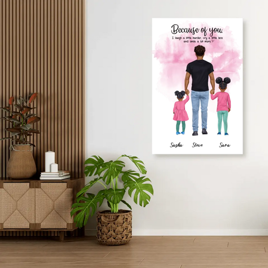 Vater mit zwei Kindern - personalisiertes Geschen - Leinwand