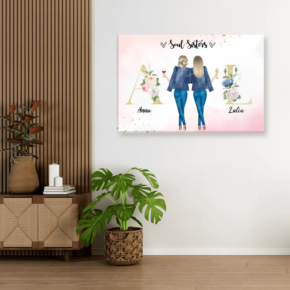 2 Freundinnen mit geblümten Buchstaben - individuelles Geschenk - Leinwand