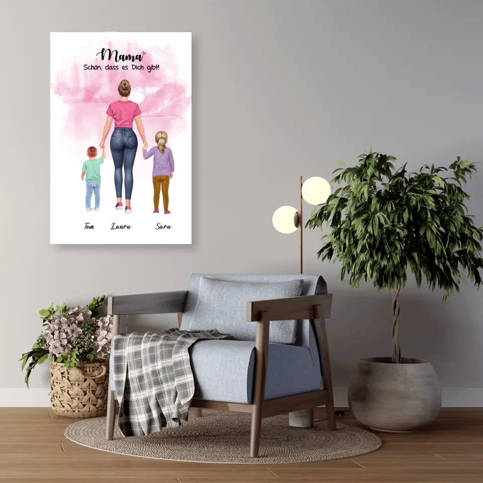 Mutter mit zwei Kindern - personalisiertes Geschenk - Leinwand