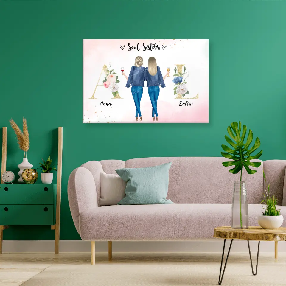 2 Freundinnen mit geblümten Buchstaben - individuelles Geschenk - Leinwand