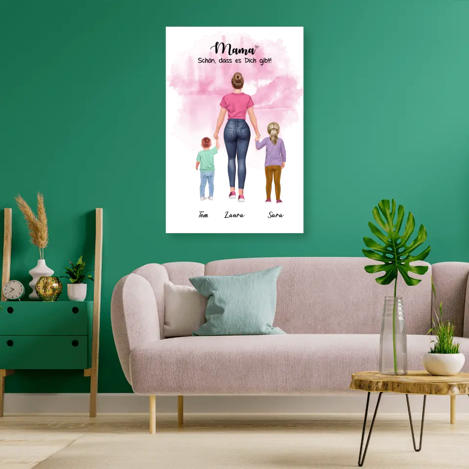 Mutter mit zwei Kindern - personalisiertes Geschenk - Leinwand