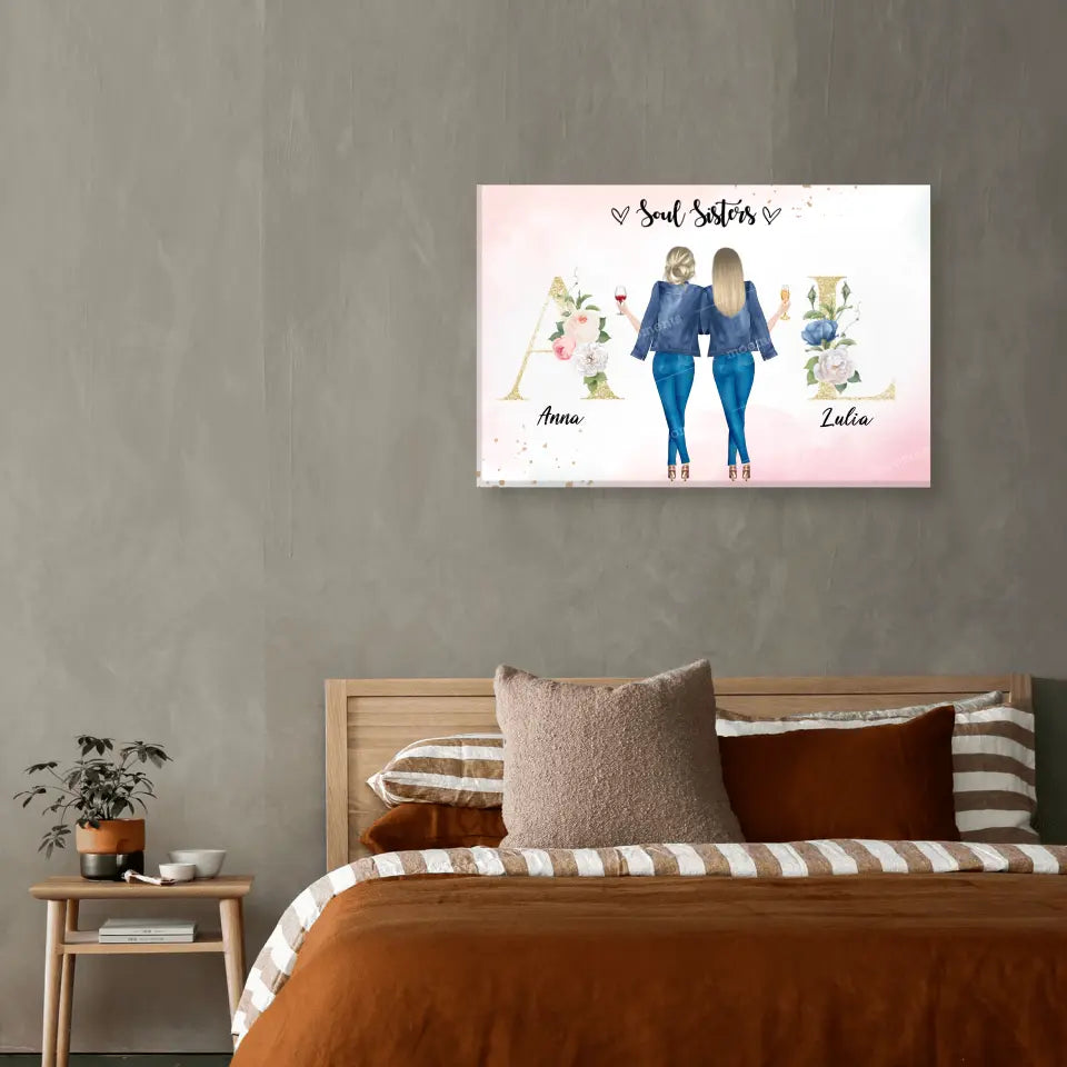 2 Freundinnen mit geblümten Buchstaben - individuelles Geschenk - Leinwand