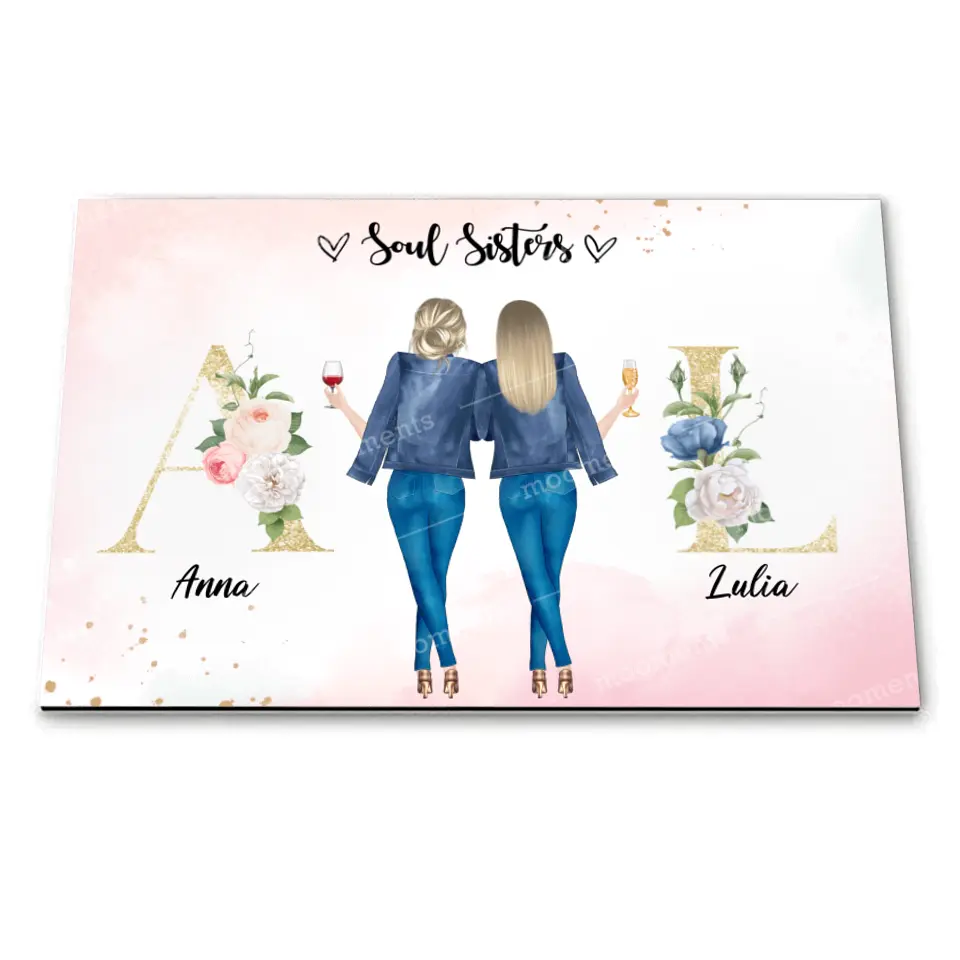 2 Freundinnen mit geblümten Buchstaben - individuelles Geschenk - Leinwand
