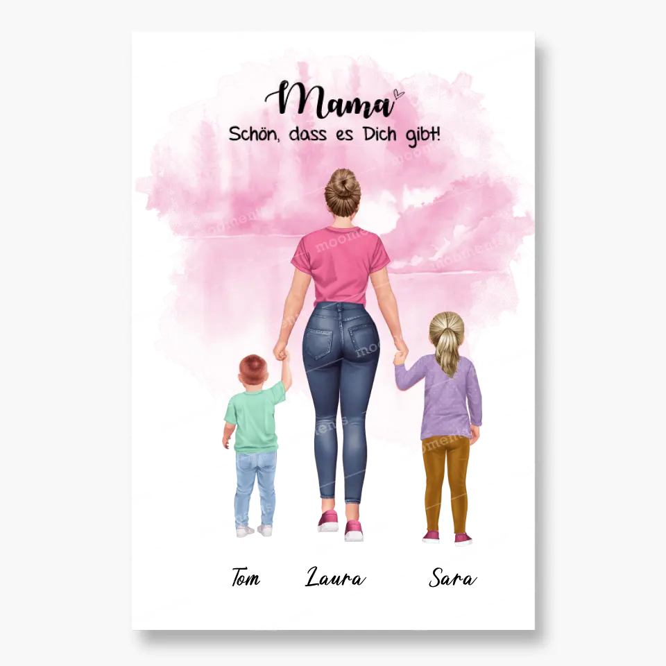 Mutter mit zwei Kindern - personalisiertes Geschenk - Leinwand