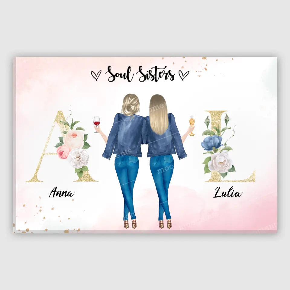 2 Freundinnen mit geblümten Buchstaben - individuelles Geschenk - Leinwand