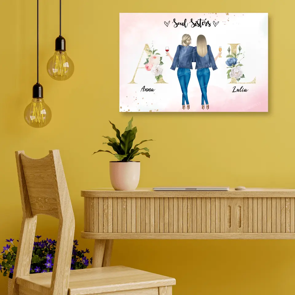 2 Freundinnen mit geblümten Buchstaben - individuelles Geschenk - Leinwand