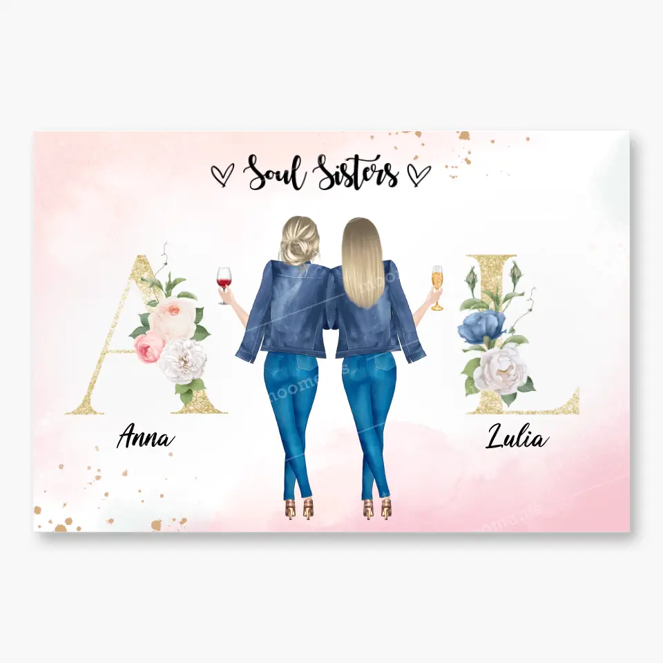 2 Freundinnen mit geblümten Buchstaben - individuelles Geschenk - Leinwand