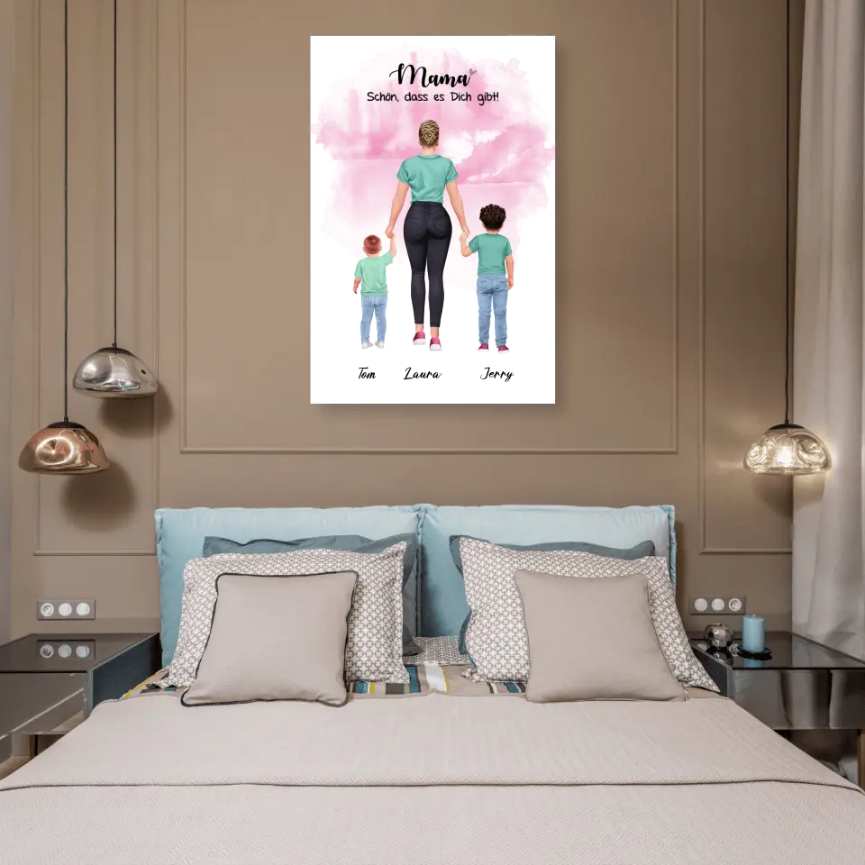 Mutter mit zwei Söhnen - personalisiertes Geschenk - Leinwand
