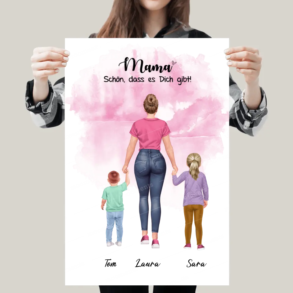Mutter mit zwei Kindern - personalisiertes Geschenk - Leinwand