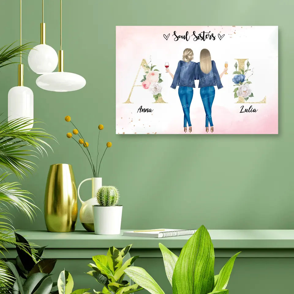 2 Freundinnen mit geblümten Buchstaben - individuelles Geschenk - Leinwand