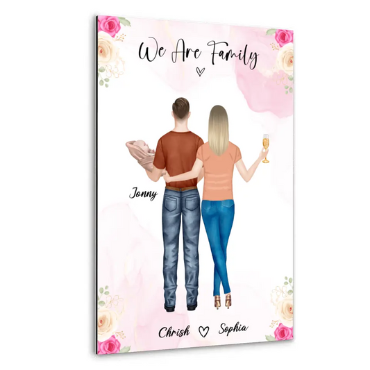 Personalisiertes Geschenk Ehepaar mit neugeborenem Baby - Alu-Dibond