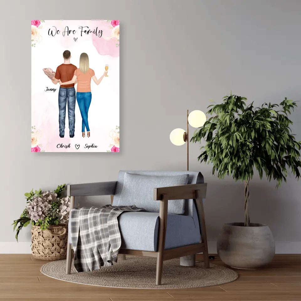 Personalisiertes Geschenk Ehepaar mit neugeborenem Baby - Alu-Dibond