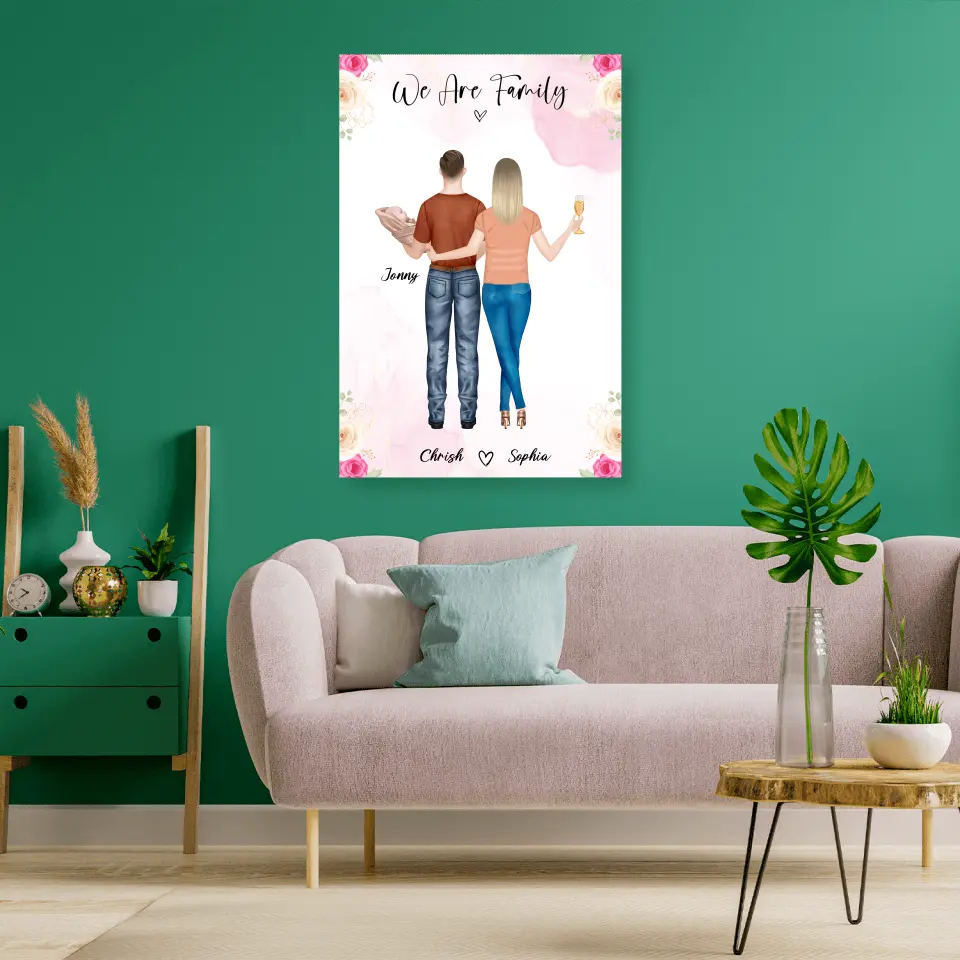 Personalisiertes Geschenk Ehepaar mit neugeborenem Baby - Alu-Dibond
